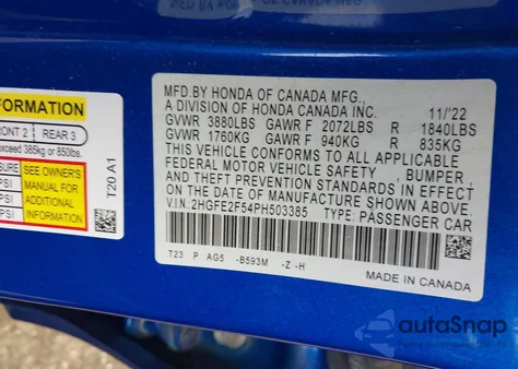 2023 Honda Civic Sport z USA, uszkodzony, nr VIN 2HGFE2F54PH503385